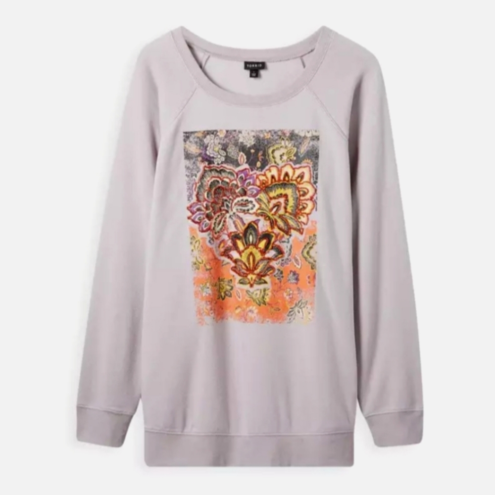 Torrid Sweatshirt Gray Raglan Fleece with Beaded Paisley Front Size 3X 22-24 NWT